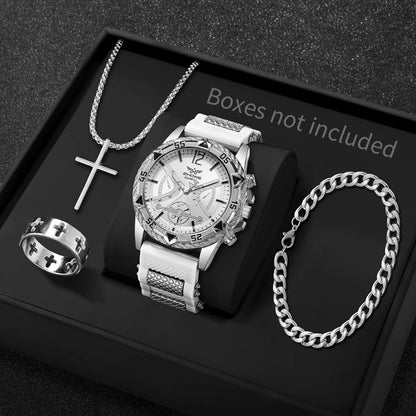 4PCS Fashion Arabic Dial Men s Business Quartz Watch with Casual Silicone Strap  on Wristwatch and including the 3- piece Necklace Set.(Without Box)All styles are available as I am typing.  This attractive set can easily be g