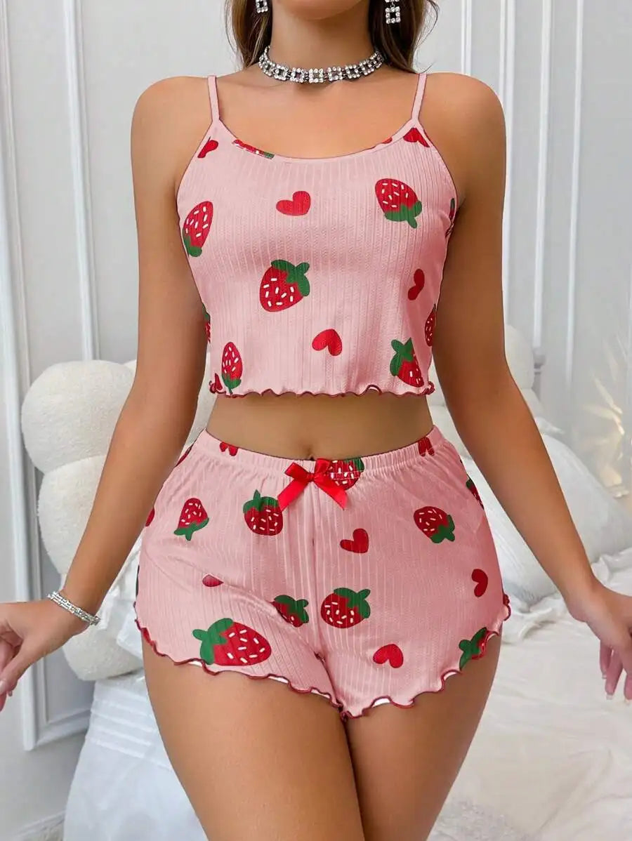 Summer Strawberry Print,  2 Piece Pajama Set.   Women's Casual Sleepwear Suspender Crop Tops and Shorts Comfortable Home Wear.Perfect Gift for MOTHERS DAY