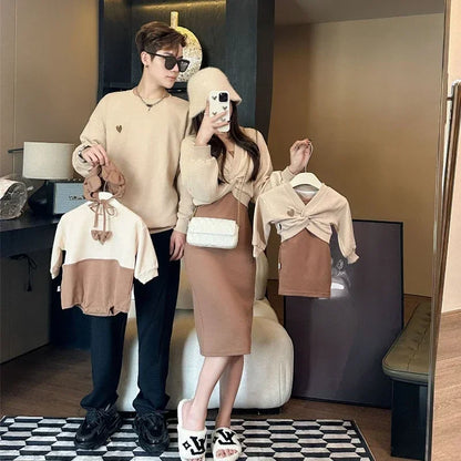 Family Clothes/ Mother Long Sleeve Dress,  Two Winter Warm Pieces for Daughter,  Tops+sling Outfit Father, Son,  Kids,  Sweatshirts,  Baby Romper