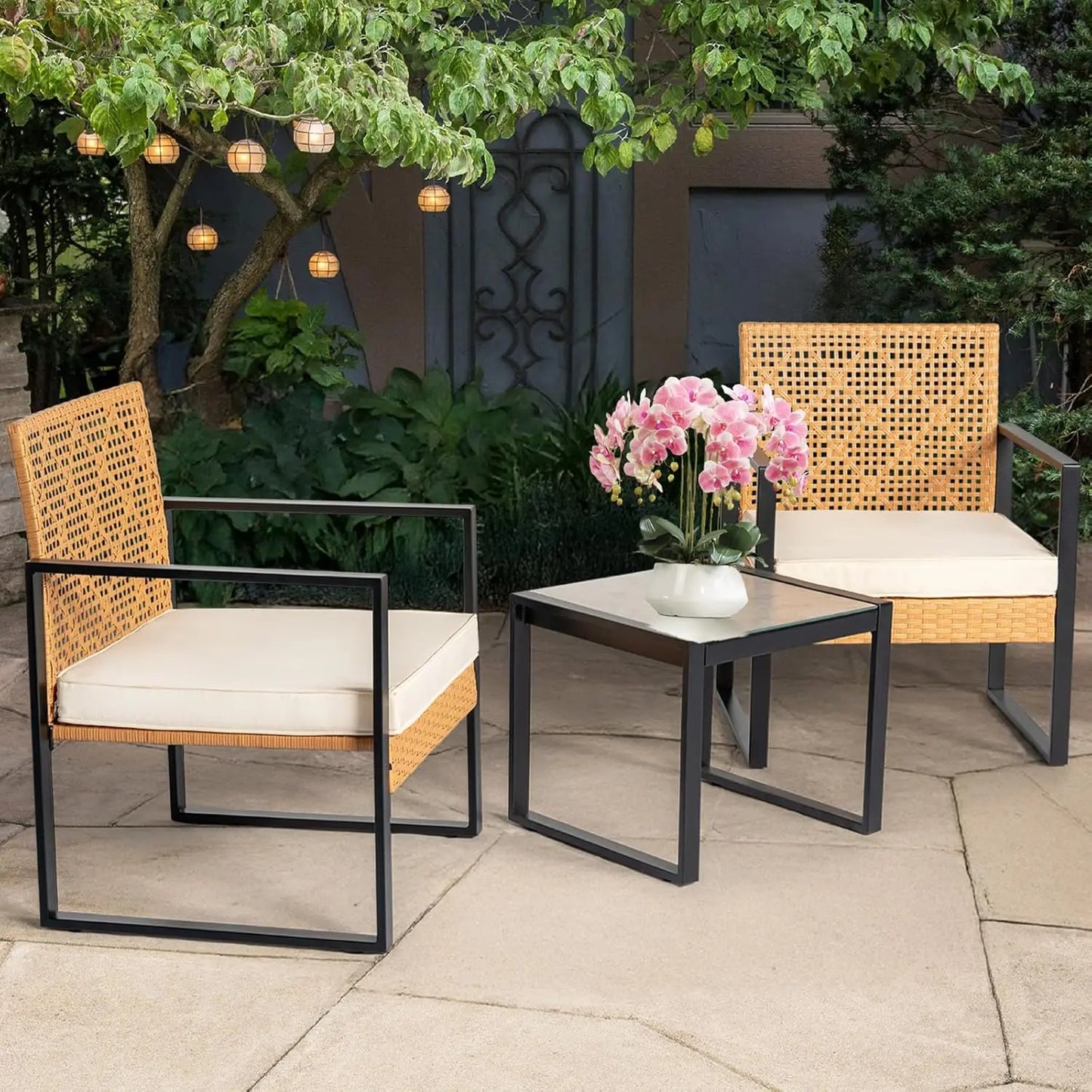 3 Piece Outdoor Wicker Bistro Set, Patio Conversation Sets w/2 Large Rattan Chairs and Tempered Glass Table, Patio Furniture. Small enough for a small porch or Garden Area