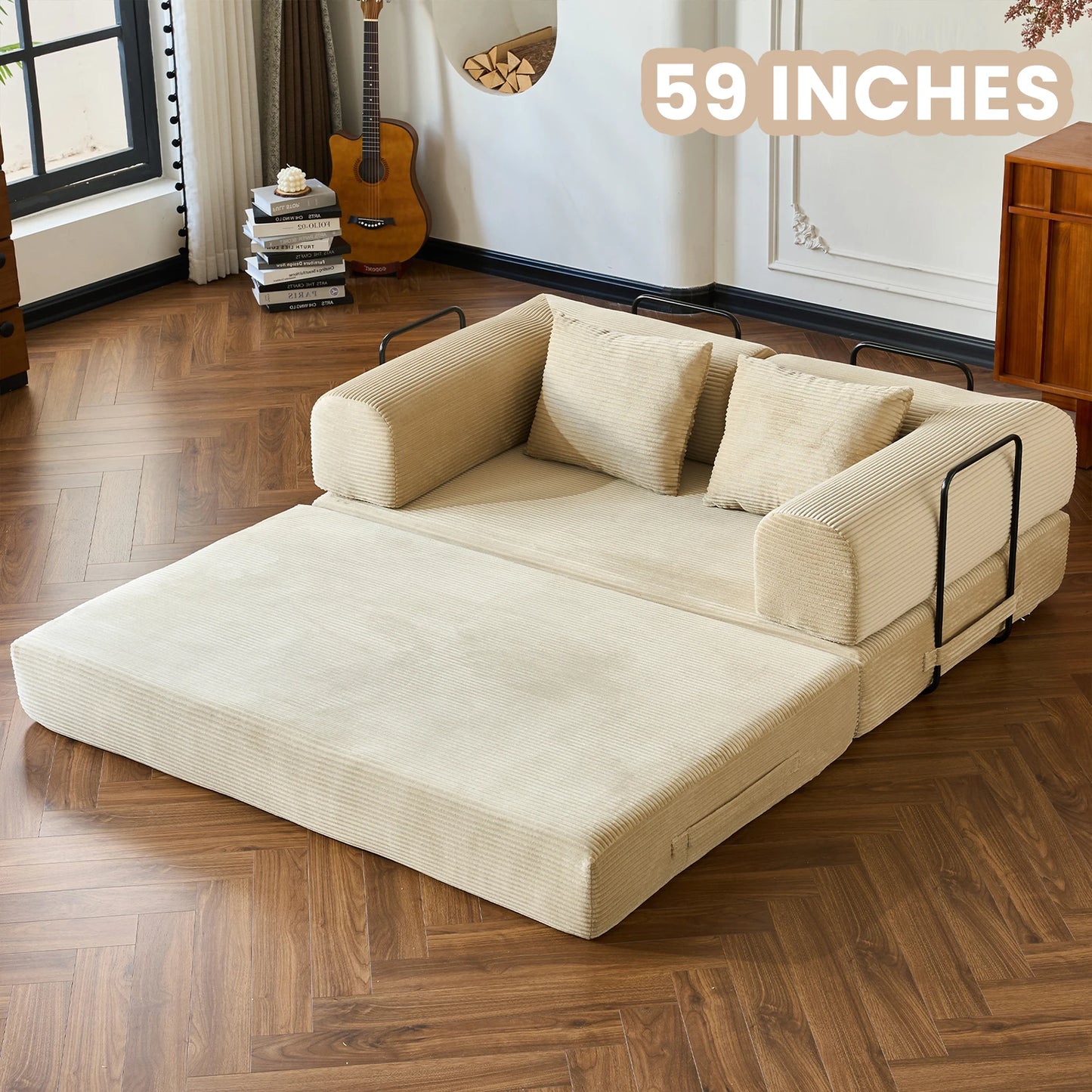 79'' Boneless Couch Foldable Convertible Futon Sleeper Sofa Bed,  Floor Lounge with L-Shaped Armrests for Living Room Sofas
