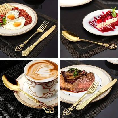 4/24pcs Elegant and durable vintage crown cutlery set - stainless steel cutlery for restaurants, home, parties and weddings.  The availability is limited to 4 pcs. of Gold, 4pcs of Silver, 24pcs. of silver.  Hoping this item