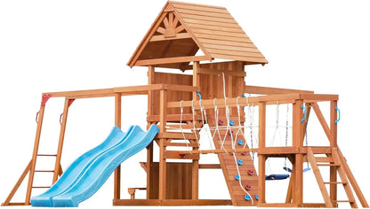 Swing Set for Backyard with Plank Bridge, Wooden Playground Set with 2 Wave Slides, Monkey bar