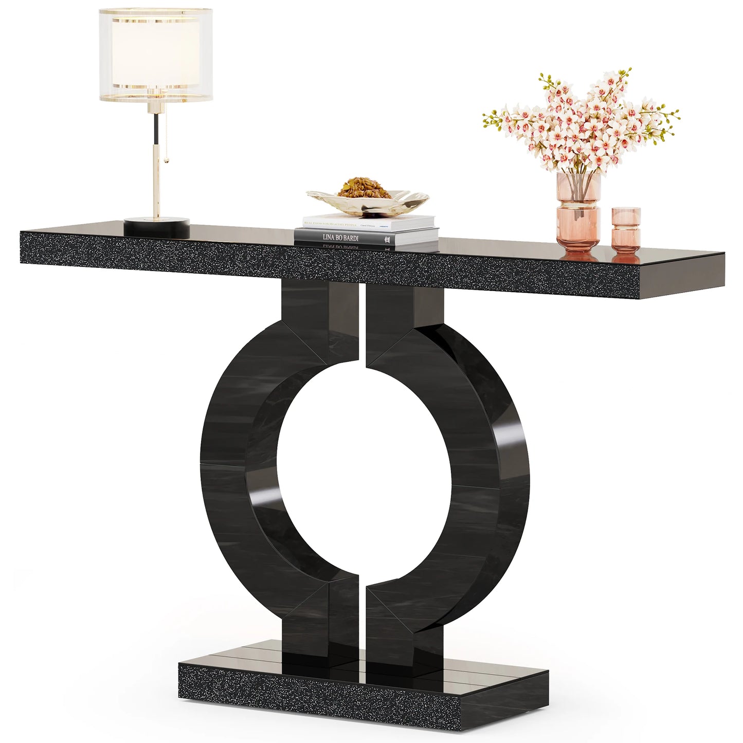 43-Inch Modern Mirrored Console Table,, Glass Sofa Table with Mirror Finish, Entryway Table with O-Shaped Base, Rectangular in Shape