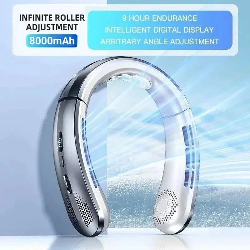 8000mAh USB Hanging Neck Fan Portable, Bladeless,  Mini Rechargeable Mute LED Digital Display, Electric Air Cooler.  Low stock on 1 blue style.  Others have good numbers in stock