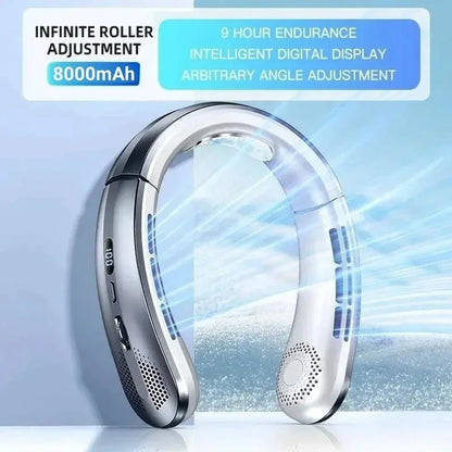 8000mAh USB Hanging Neck Fan Portable, Bladeless,  Mini Rechargeable Mute LED Digital Display, Electric Air Cooler.  Low stock on 1 blue style.  Others have good numbers in stock