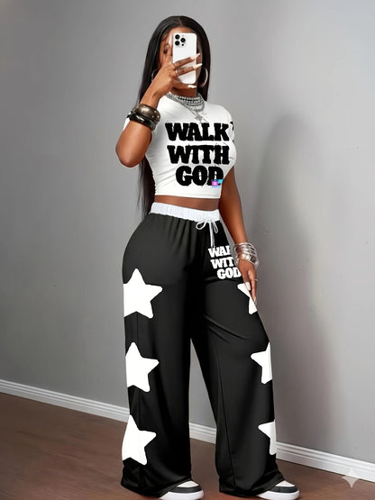 2026 Summer Kids Fast Dry Loose Pants,  Black/ White Star Print "WALK WITH GOD" Drawstring Elastic Waist Casual Trousers