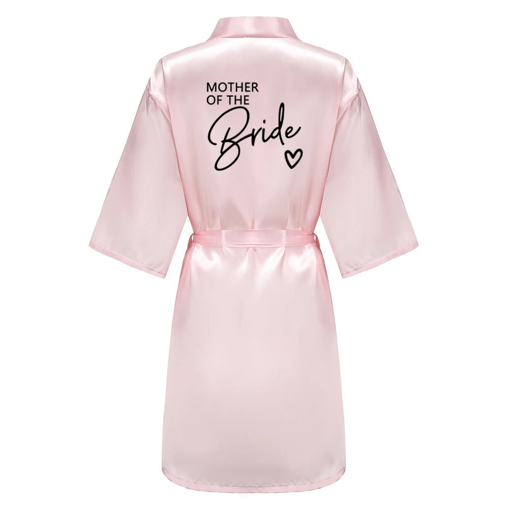 Wedding Party Team Bride Robe With Black Letters, Kimono Style Satin Bridesmaid Bathrobes