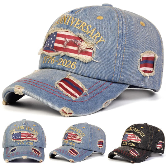 250th Anniversary Commemorative Embroidered Hat Vintage Distressed Baseball Cap,Flat Cap Distressed Ripped Baseball Cap