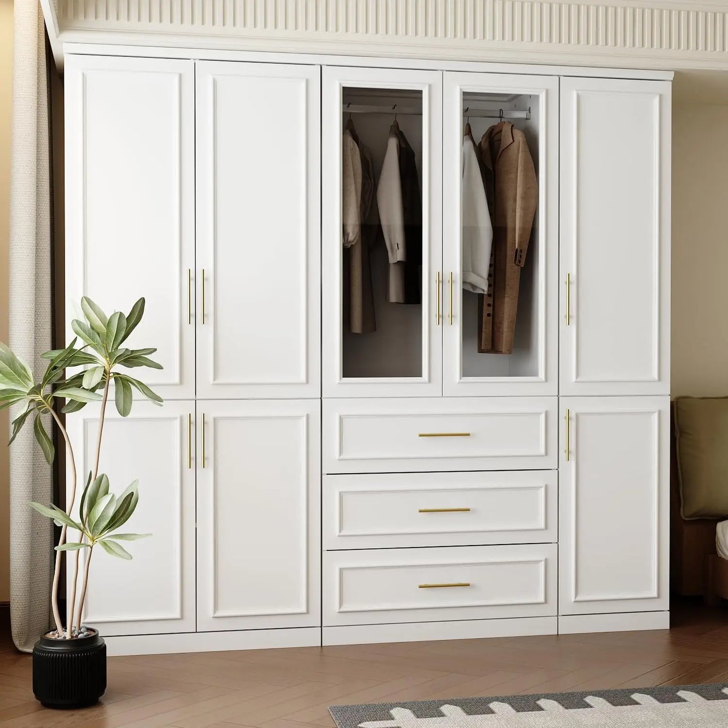 Modern Wardrobe Closet with Doors, White Armoire with Gold Handles & Drawers
