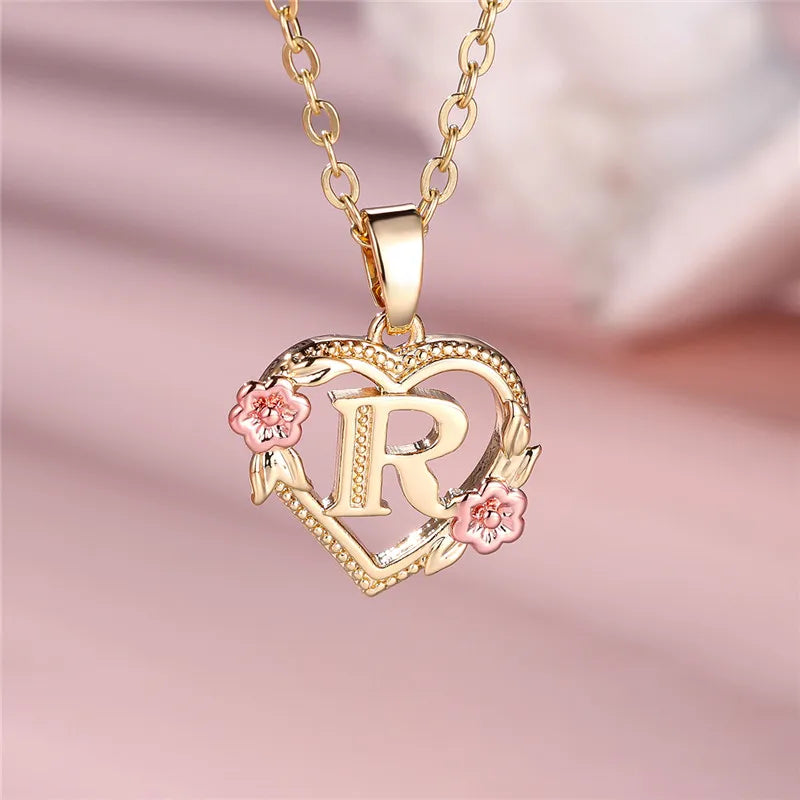 A-Z Letter Flower Pendant Necklace,  Yellow Gold  Wedding Jewelry GifTS
