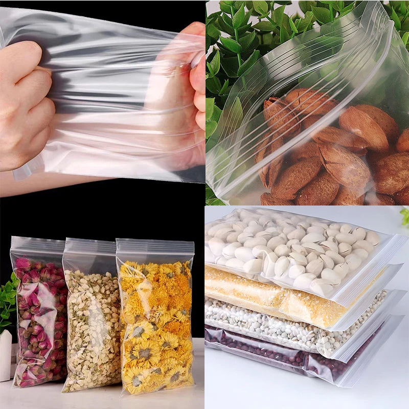 200/100PCS Transparent Zip Bags Food Jewelry Vacuum Storage Bag Plastic Thicken Reclosable Poly Bag Kitchen Organization Package
