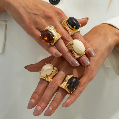 Rock Punk Hip Hop Vintage Elegant Black Brown Shading Resin Stone Chunky Metal Ring for Women Girl Jewelry Gift 2026 NEW