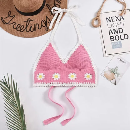 National Style Women Swimwear Top with Chest Pads Bohemian Beach Wear Outfit Crochet Hanging Neck Summer Sling Beach Vacation