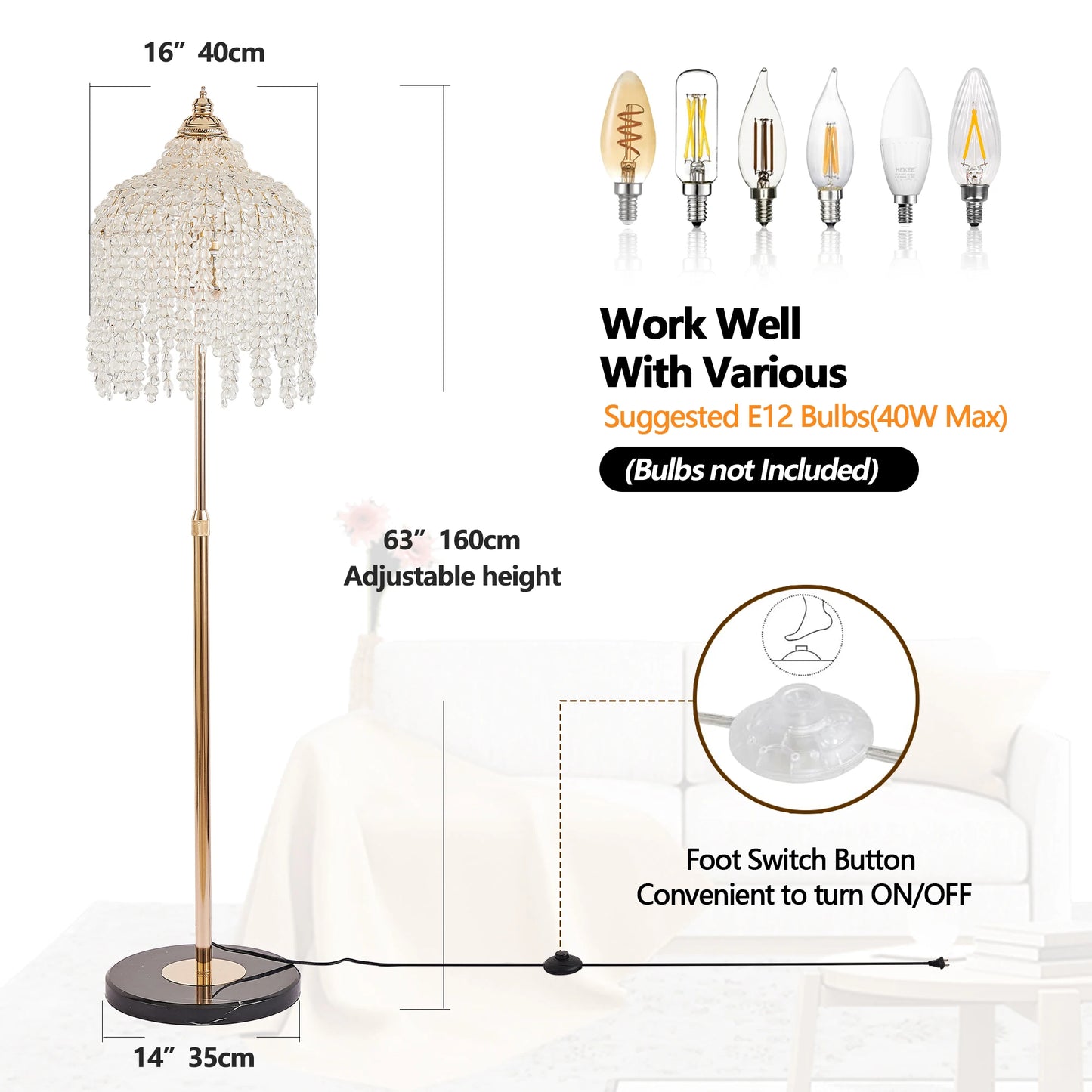 3-Light Elegant Crystal Floor Lamp (Vintage), Waterfall Design with Crystal Bead Strings and Marble Texture Base (No Bulb)