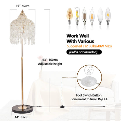 3-Light Elegant Crystal Floor Lamp (Vintage), Waterfall Design with Crystal Bead Strings and Marble Texture Base (No Bulb)