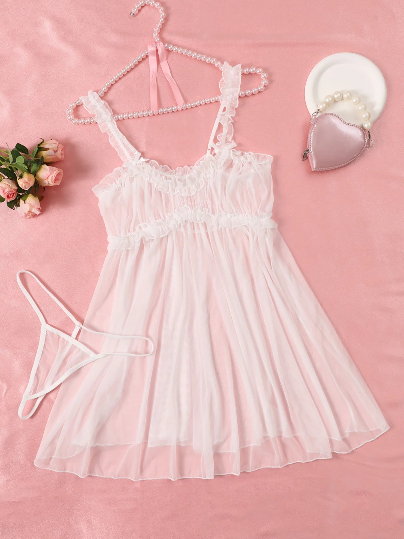 Womens Perspective Mesh Nightdress  with Bow Wrapped Around Chest.   Pink,  Sexy Babydoll Lingerie  for Valentine Day Gift or any other Day.
