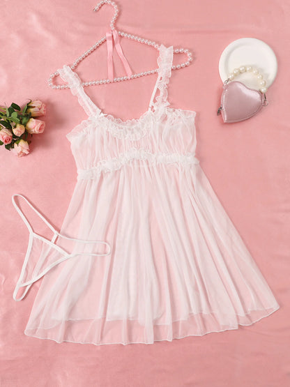 Womens Perspective Mesh Nightdress  with Bow Wrapped Around Chest.   Pink,  Sexy Babydoll Lingerie  for Valentine Day Gift or any other Day.