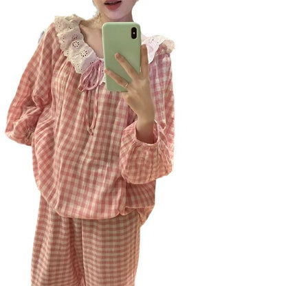 Sweet Large Collar Lace Trim Pajamas for Women with Plaid Long Sleeves and Long Pants Student Home Wear Large Size 2 Piece Set