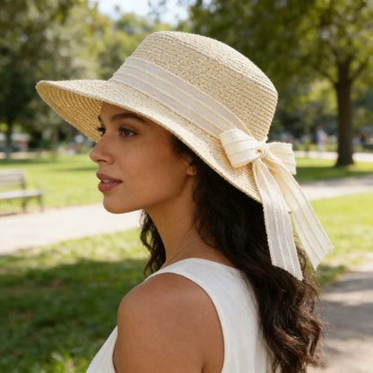Womens  Summer  " Sweet Bucket " Hat.  Breathable,  Sun Hat with  Elegant Flat Top, Bowknot, Casual