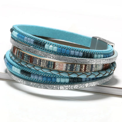 ZG Multilayer Brown Leather Bracelet For Women/Men  Fashion Creative Bohemian Hand Woven Magnetic Clasp Bracelet.  BLACK and BLUE are Available.  Measurement is 19.8 cm so that is 7.8 inches.