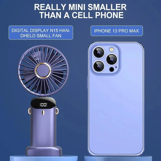 Portable Handheld Mini Fan, Foldable Neck Hanging Fans , 5 Speed USB Rechargeable Fan with Phone Stand and Display Screen, 1800mAh.  BLUE< PURPLE< WHITE Colors are Available