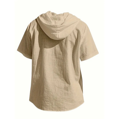 Cotton Linen Shirt for Men, Hooded,  Short Sleeve,  Solid Colors, Breathable and Lightweight with Drawstring Design.