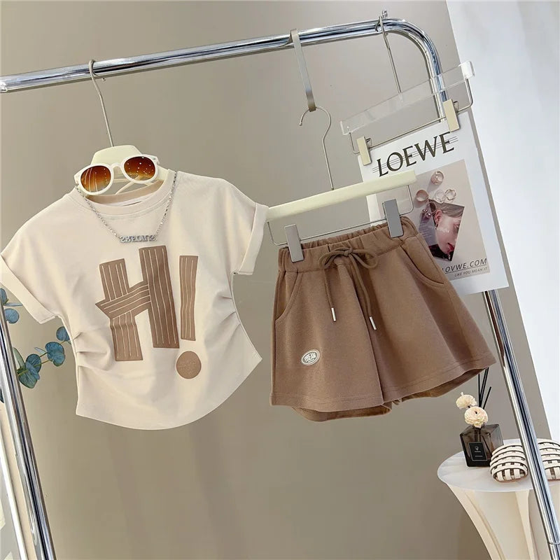 Girls Short Sleeve Summer Letter T-Shirt Tops+Shorts,  2Pcs Suit for little girls Clothes.  Sport Casual  Outfits 3-12 Years