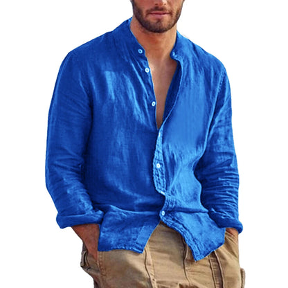Men's Solid Colors with  Long Sleeve Shirts.  Linen/  Cotton  Trend.   Plus-sizes, Stand-up Collar,  Casual Lightweight.