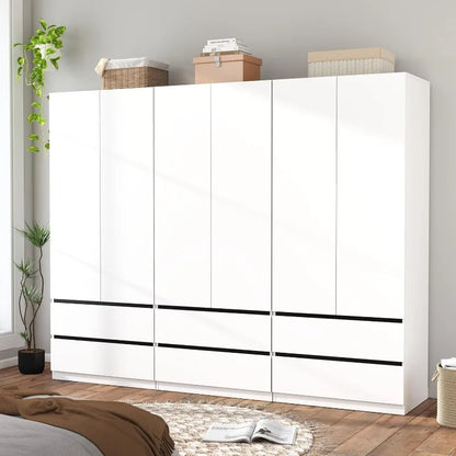 75" Wardrobe Closet with 6 Doors & 6 Drawers, White Wooden Armoire for Bedroom