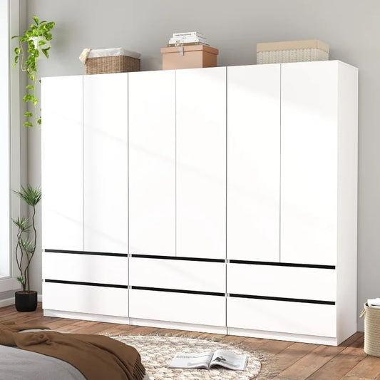 75" Wardrobe Closet with 6 Doors & 6 Drawers, White Wooden Armoire for Bedroom