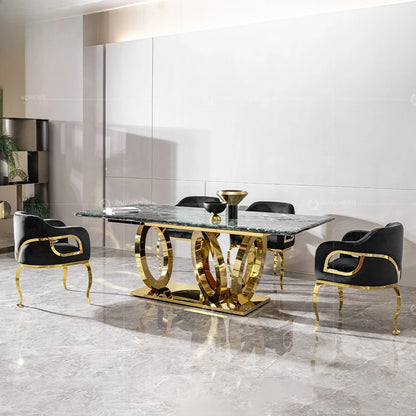 Mirror Furniture,  6 Seats Dining Table, Gold Marble,  Deluxe Glass Dining Table