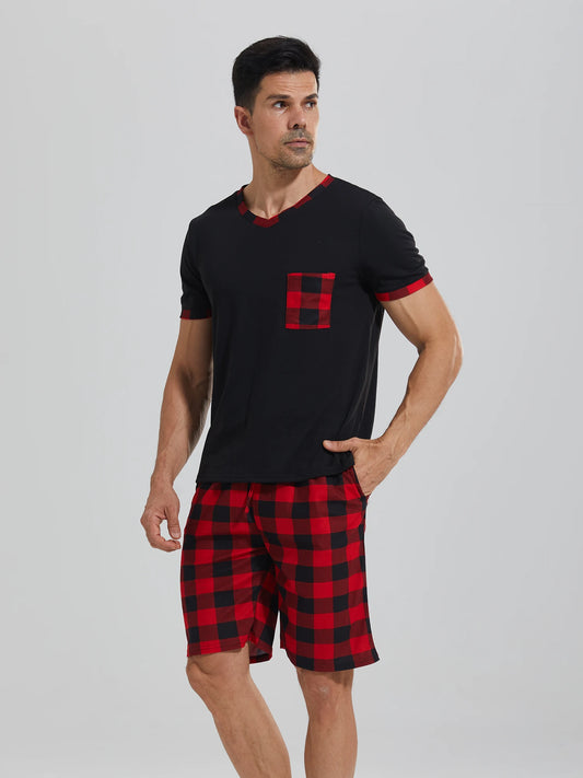 Mens Pajama Sets,  Short Sleeve , Plaid Pajamas and are  Soft Lounge Sleepwear with Pockets & Drawstring Shorts
