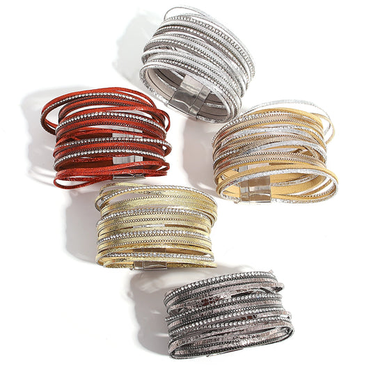 Fashion Shiny Leather Bracelet for Women /Men . Boho Luxury Multilayer Rhinestone Chain Wrap, Chunky Bangle Bracelets, unisexCharm Jewelry