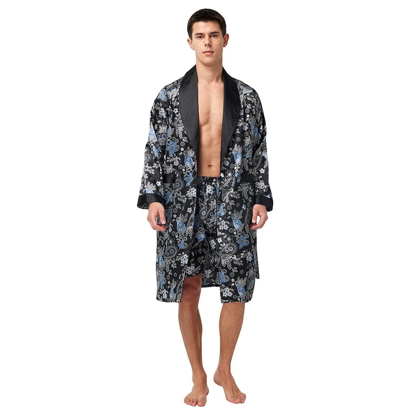 Men’s Satin Robe,  Lightweight  Silk with Long Sleeves.  Kimono Style Bathrobe including  Shorts Set