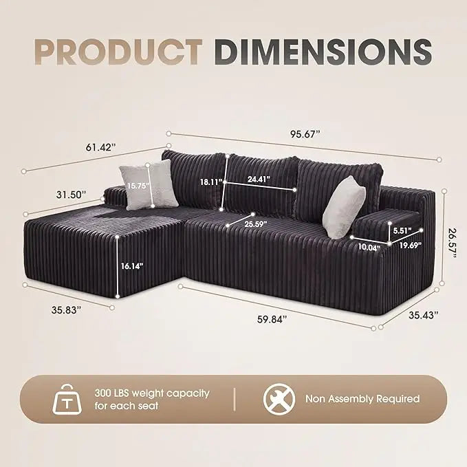 Modular L-Shaped 3-Seat Sectional | Memory Foam with Deep Seating with Storage Module| Living Room Sofa
