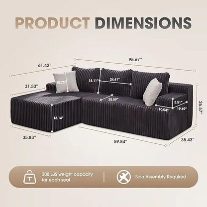 Modular L-Shaped 3-Seat Sectional | Memory Foam with Deep Seating with Storage Module| Living Room Sofa