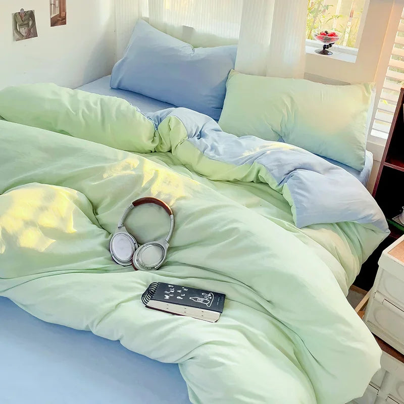 Solid Bed Linen Cotton Bedding Set 4pcs with Sheet Duvet Cover,  Pillowcases, Single/  Couple Bedsheet Single / Couple Twin Size