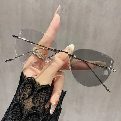 High Quality Frameless Photochromic Myopia Glasses.   All Titanium, Ultra Light Cat Eye , Anti -Blue Light Glasses,  Diopter To -4.0