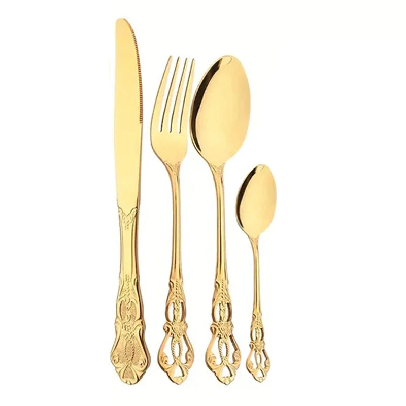 4/24pcs Elegant and durable vintage crown cutlery set - stainless steel cutlery for restaurants, home, parties and weddings.  The availability is limited to 4 pcs. of Gold, 4pcs of Silver, 24pcs. of silver.  Hoping this item