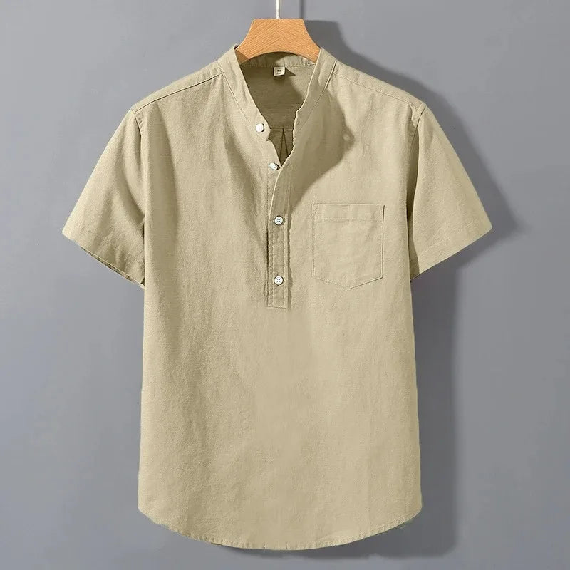 Mens Short Sleeve Shirts in  Solid Colors.   Stand Up Collar Shirt for Summer.   Trendy, Breathable,  Loose,  Basic Cotton Pocket