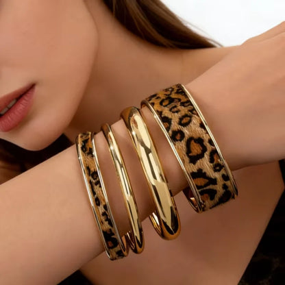 4pcs Bohemian Leopard Print Bracelet Set for Women , Retro Elegant Minimalist PU Leather Bangles,  Daily Wear Jewelry, Gift