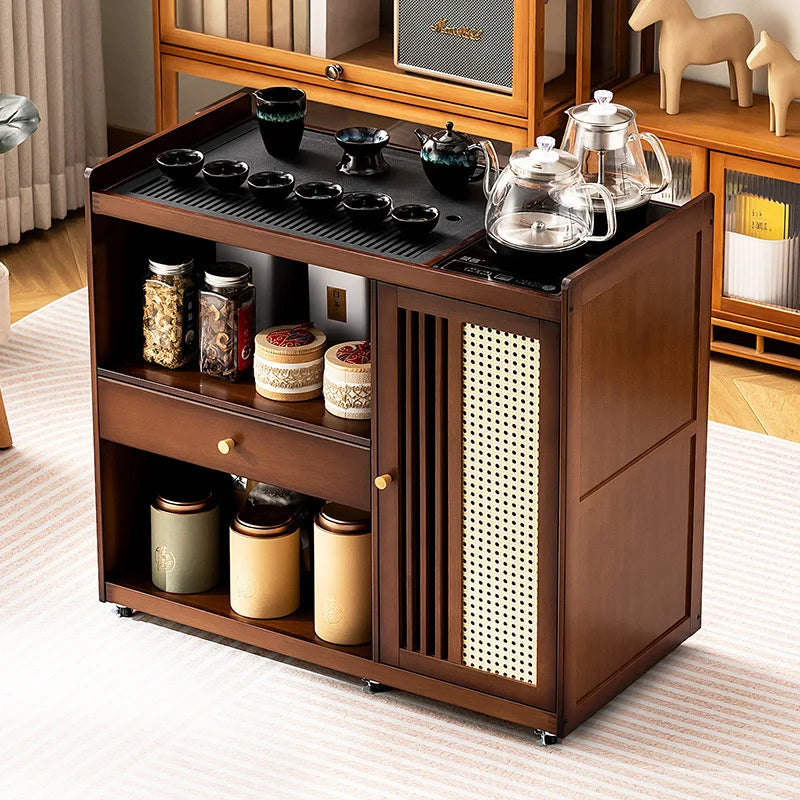 Small, Mobile tea table, Kettle integrated tea cabinet with Solid wood coffee table.  Tea cart Brewing tea table