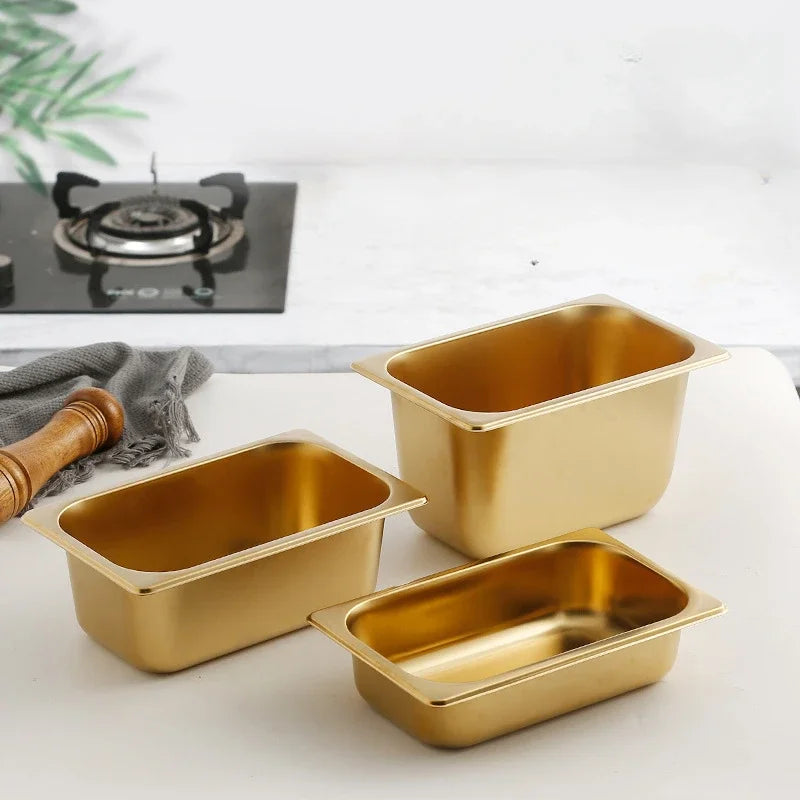 Golden Food Buffet Basin Plates, 304 Stainless Steel Square Pots, Tray Dishes,  Sauce Box, Jam Boxes, Canteen, Fast Food Truck Dish