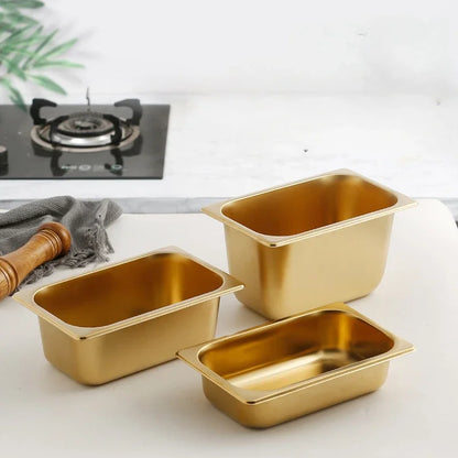 Golden Food Buffet Basin Plates, 304 Stainless Steel Square Pots, Tray Dishes,  Sauce Box, Jam Boxes, Canteen, Fast Food Truck Dish