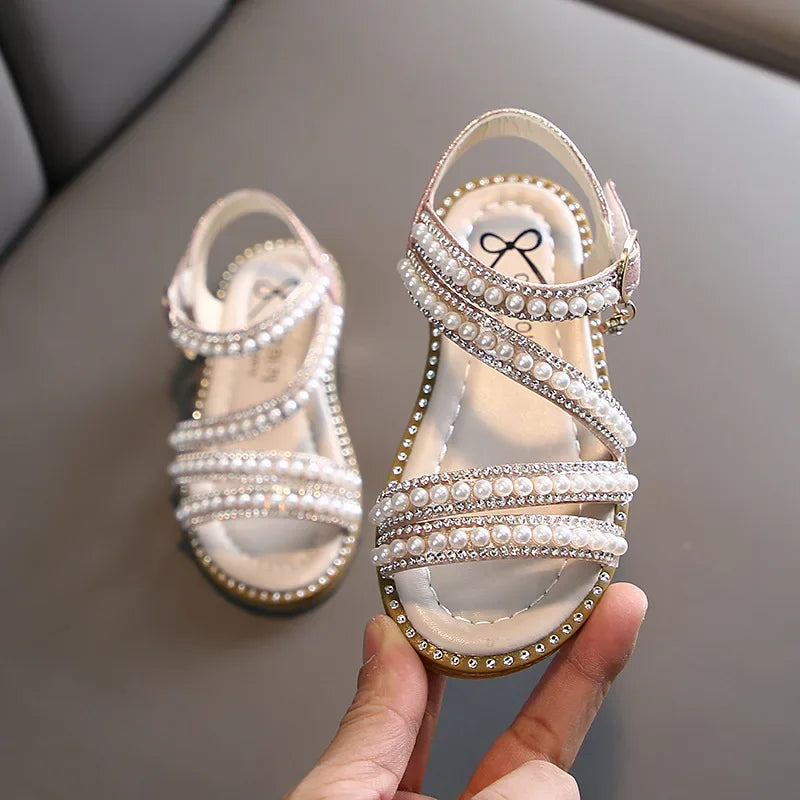 Childrens  Sandals, Flat Shoes for  Kids with Pearls.  Open-toe Non-slip Princess Sandals