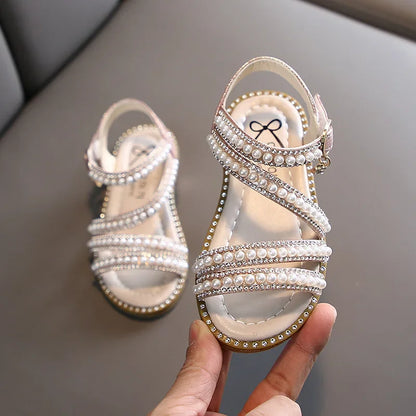 Childrens  Sandals, Flat Shoes for  Kids with Pearls.  Open-toe Non-slip Princess Sandals