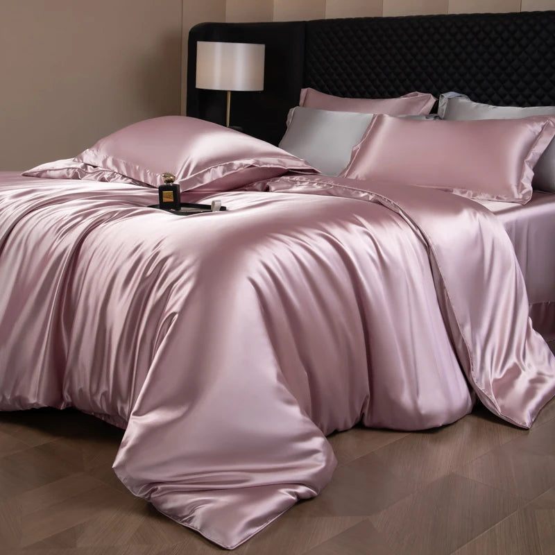 Silk Bed Sheets Set,   Luxury Bedding Set with Duvet Cover,  Fitted/Flat Bedsheet,  Pillowcases, Mixed with Rayon, King /Queen/ Full T/win