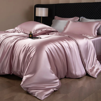 Silk Bed Sheets Set,   Luxury Bedding Set with Duvet Cover,  Fitted/Flat Bedsheet,  Pillowcases, Mixed with Rayon, King /Queen/ Full T/win