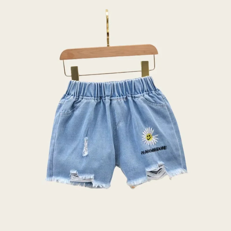 Summer( 3-9 Y) Kids, Girls Short Jeans, Cotton Denim Shorts,  Stylish Wear with Elastic Waist and Trendy Designs Pants